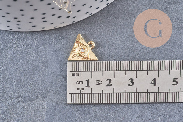 Breloque triangle oeil protecteur zamac doré 18k cristal zircon 9mm,sans nickel, pendentif chance, x1 G6007