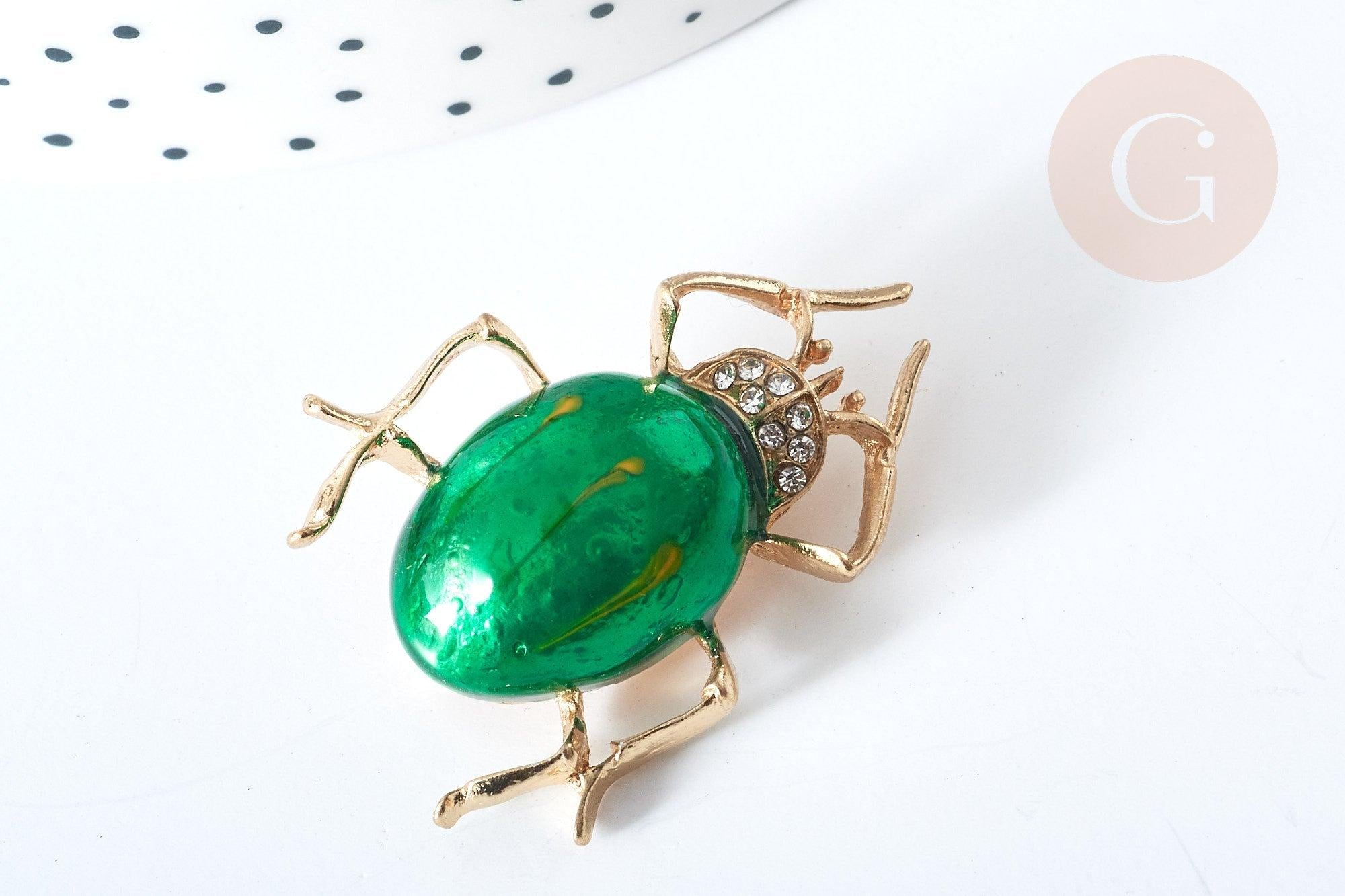 Broche Scarabée émail vert zamac doré strass blanc 39x30mm, x1 (G8066)