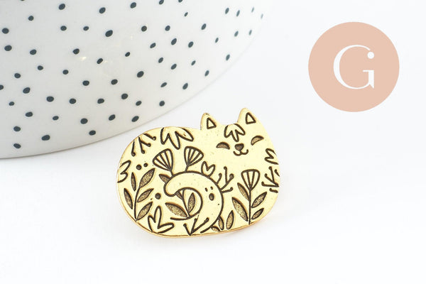 Broche chat gravée acier 304 inoxydable doré 34mm, x1 (G9786)