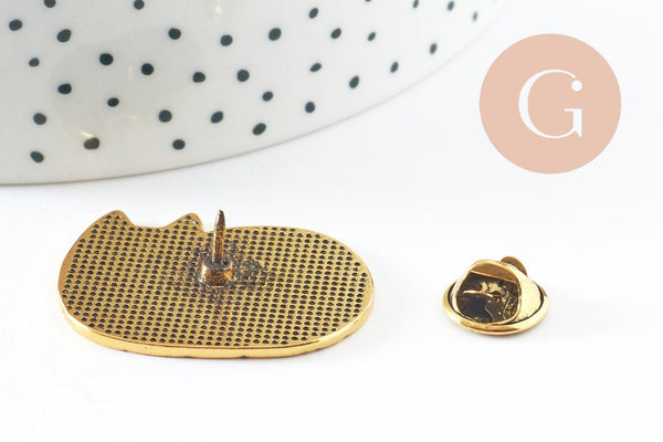 Broche chat gravée acier 304 inoxydable doré 34mm, x1 (G9786)