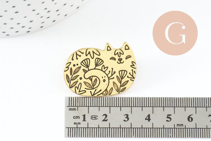 Broche chat gravée acier 304 inoxydable doré 34mm, x1 (G9786)