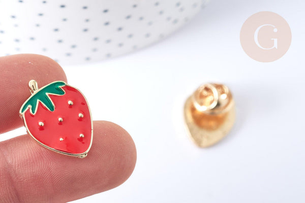 Broche émail fraise rouge et vert zamac doré 21mm, x1 (G7844)