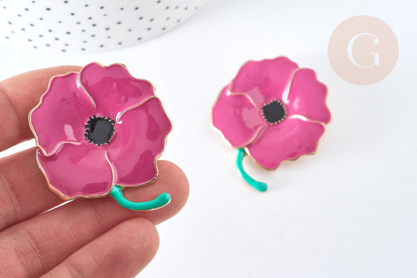 Broche fleur coquelicot violet laiton doré émaillé,broche dorée, 59x25mm, x1 G7278
