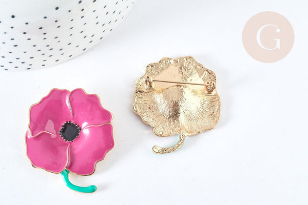 Broche fleur coquelicot violet laiton doré émaillé,broche dorée, 59x25mm, x1 G7278