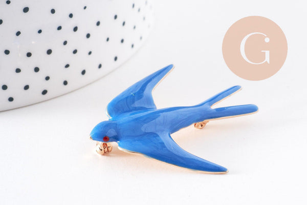 Broche hirondelle zamac doré émail bleu doré 50mm, x1 (G10140)