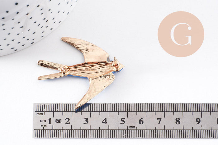 Broche hirondelle zamac doré émail bleu doré 50mm, x1 (G10140)