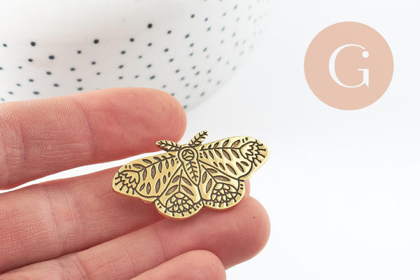 Broche papillon gravée acier 304 inoxydable doré 41mm, décoration veste, x1 (G9787)