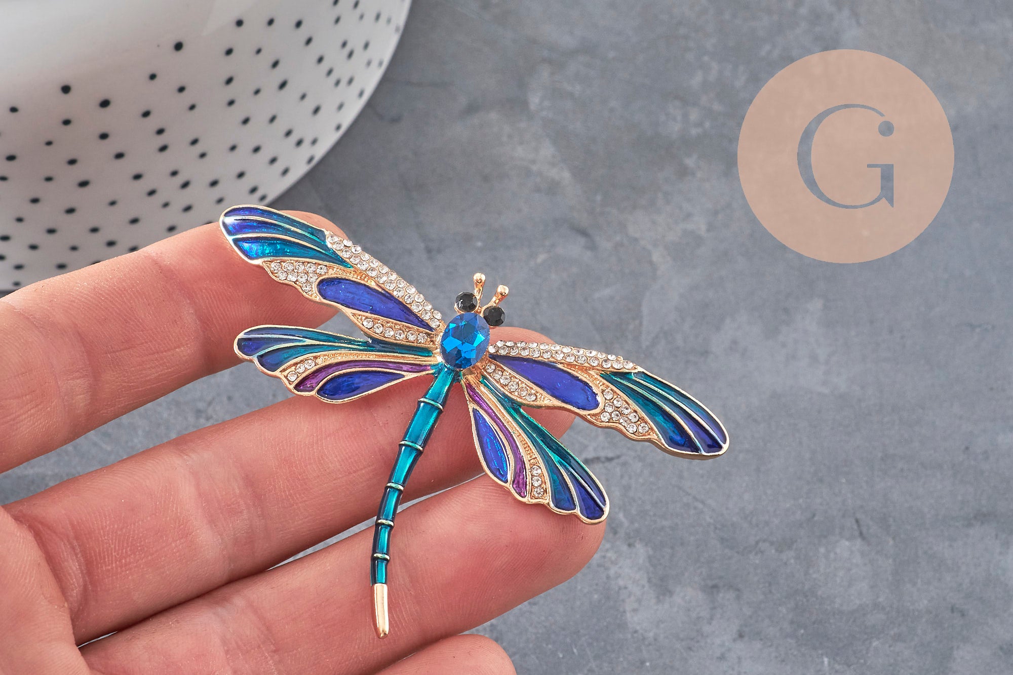 Dragonfly winged insect pin golden zamac blue 74x50mm, x1 VALID