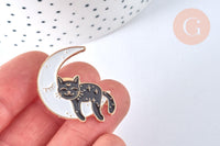 Broche pins chat noir et lune blanche doré émail 30mm,x1 (G6799)