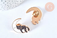 Broche pins chat noir et lune blanche doré émail 30mm,x1 (G6799)