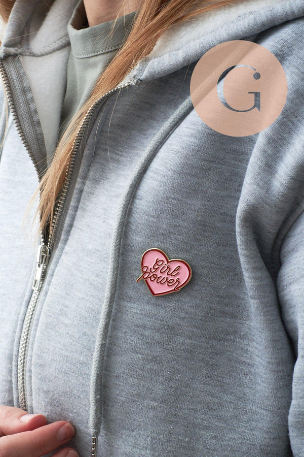 Broche pins coeur GIRL POWER émaillé rose 31mm, x1 (G9459)