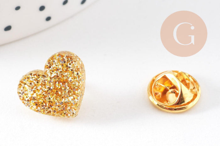 Broche pins coeur Plexiglas doré à paillettes 20mm, x1 (G10532)