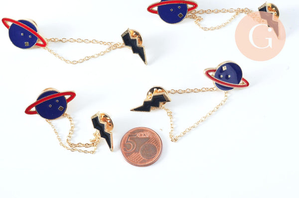 Broche pins double planète éclair doré émail ,broche dorée ,décoration veste,x1 G6381