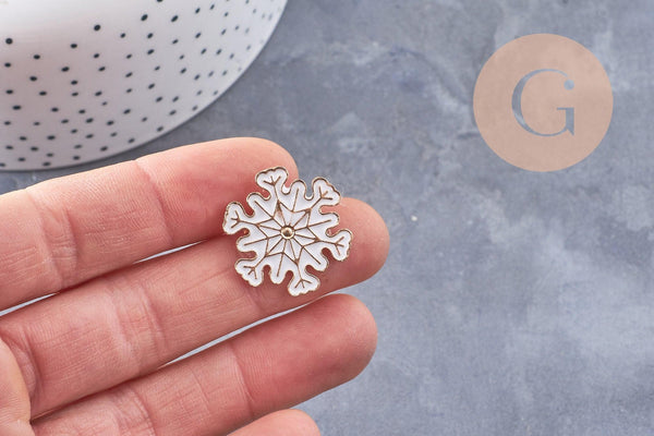 Broche pin's flocon de neige blanc zamac doré 24mm, x1 (G10097)
