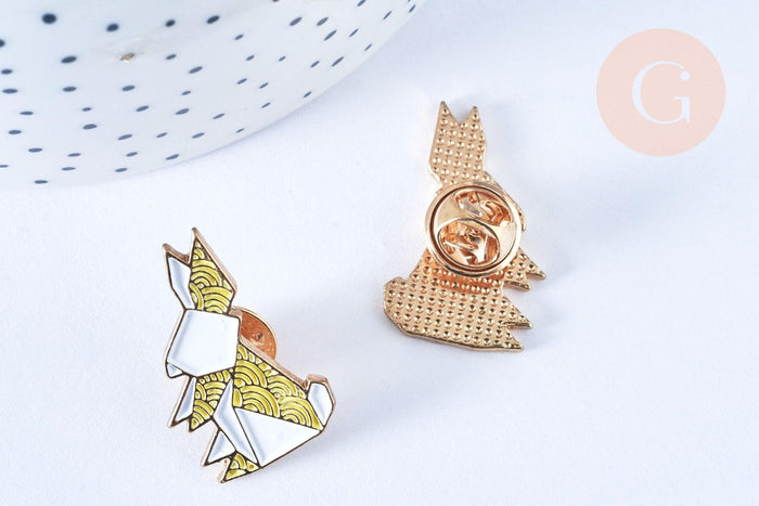 Broche pins lapin origami doré émail Jaunz 29x18mm,décoration veste, x1 (G6612)