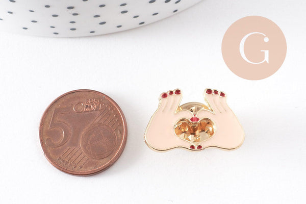 Broche pins mains coeur zamac doré émaillé beige rouge 15mm, x1 (G10161)