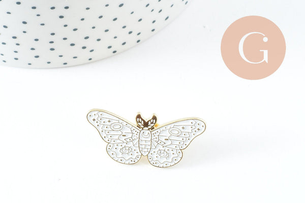 Broche pins papillon blanc mystique zamac doré 39mm, x1 (G9743)