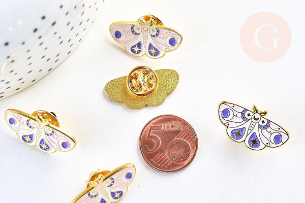 Broche pins papillon mystique doré émail rose 27.5mm, x1 (G5544)