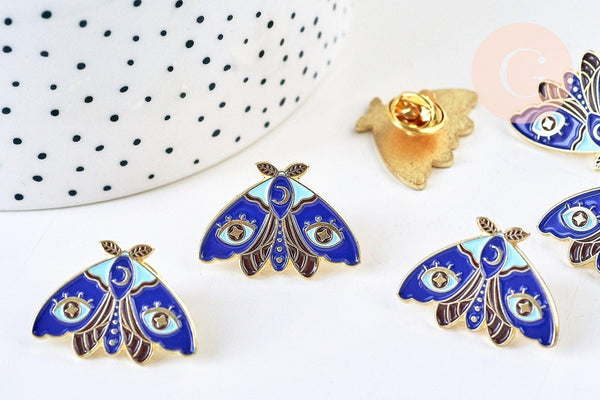 Broche pins papillon oeil protecteur doré émaillé 27mm, x1 (G5548)
