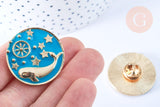 Broche pins rond baleine émail bleu turquoise doré émail 30mm, x1 (G6624)