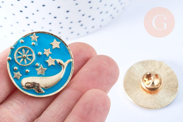 Broche pins rond baleine émail bleu turquoise doré émail 30mm, x1 (G6624)