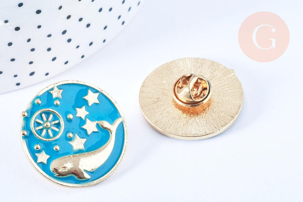 Broche pins rond baleine émail bleu turquoise doré émail 30mm, x1 (G6624)