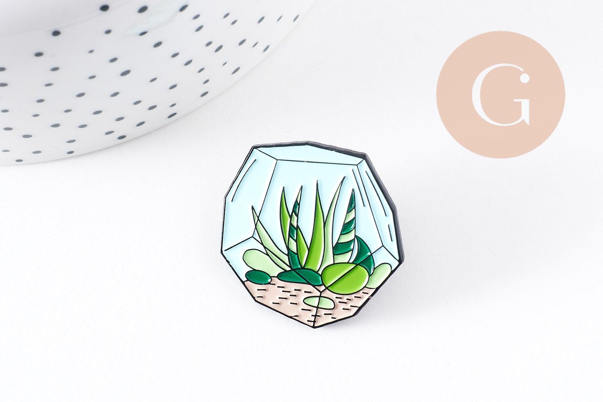 Broche pins terrarium plante avec émail 37.5mm, décoration veste, x1 (G5671)