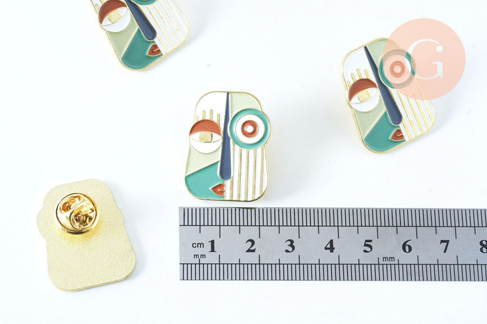 Broche pins visage art moderne doré émail 28x22mm,broche dorée,décoration veste,x1 (G6376)
