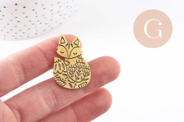 Broche renard gravée acier 304 inoxydable doré 35mm, décoration veste, x1 (G9782)