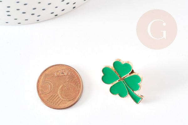 Broche trèfle à 4 feuilles zamac doré émail vert 23mm, x1 (G9207)
