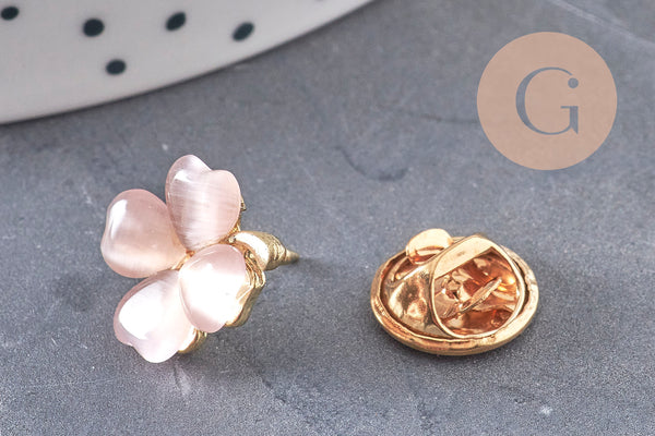 Broche trèfle à 4 feuilles zamac doré verre rose 13.5mm, x1 (G10991)