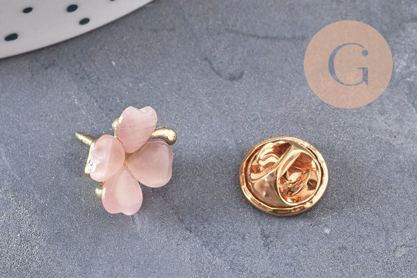 Broche trèfle à 4 feuilles zamac doré verre rose 13.5mm, x1 (G10991)