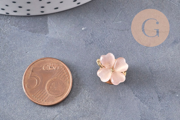 Broche trèfle à 4 feuilles zamac doré verre rose 13.5mm, x1 (G10991)