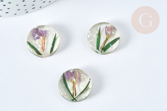 Cabochon Rond résine fleurs séchées et nacre 20mm, x1 (G7443)