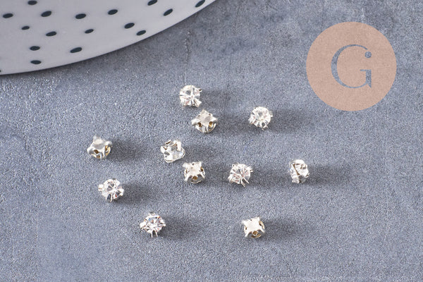 Cabochon carré cristal transparent métal platine à coudre 3mm, x50 (G0139)