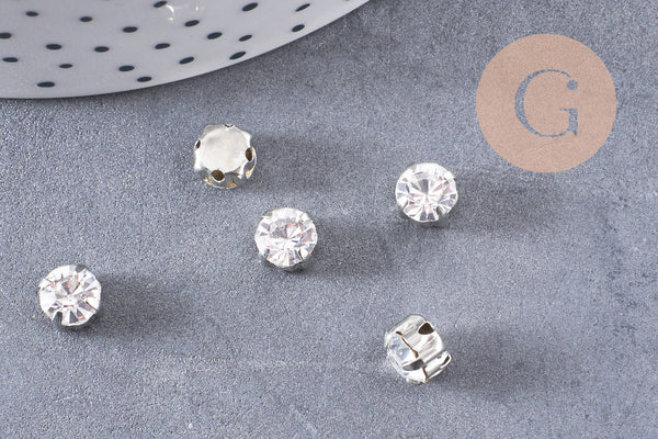 Cabochon carré cristal transparent métal platine à coudre 6x5mm, x50 (14.5gr) (G2247)