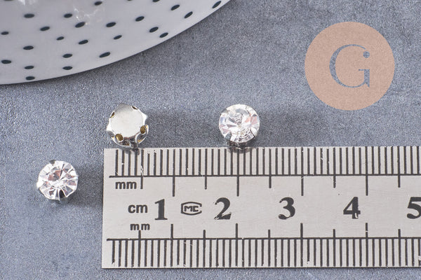 Cabochon carré cristal transparent métal platine à coudre 6x5mm, x50 (14.5gr) (G2247)