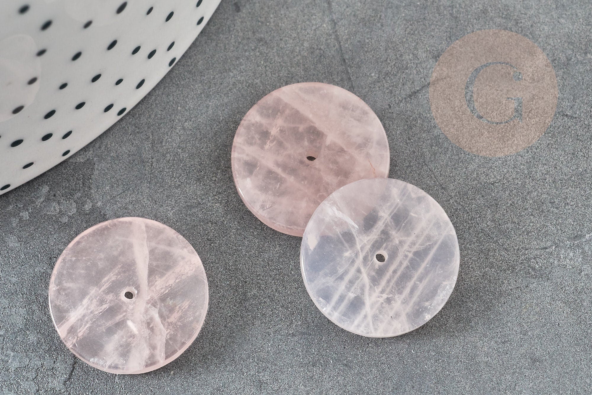 Cabochon disque quartz rose percé naturel 25mm, x1 (G6462)
