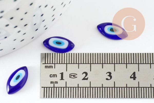 Cabochon marquise verre bleu mauvais oeil 14x7mm, x10 (G1963)
