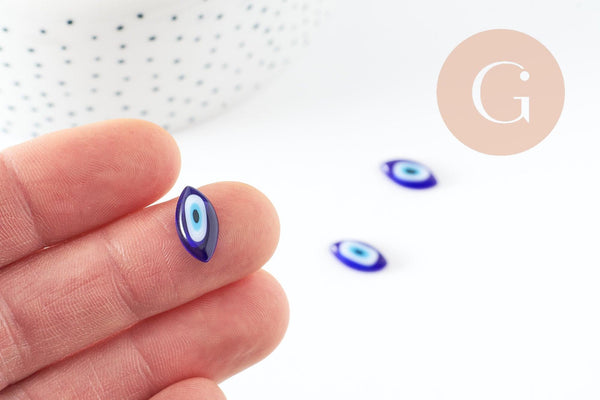 Cabochon marquise verre bleu mauvais oeil 14x7mm, x10 (G1963)