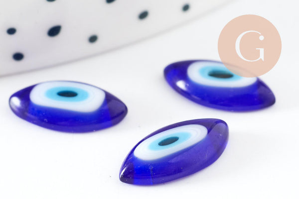 Cabochon marquise verre bleu mauvais oeil 14x7mm, x10 (G1963)