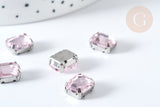 Cabochon rectangle cristal rose clair avec serti en laiton argenté 8x10mm, x5 (G8114)