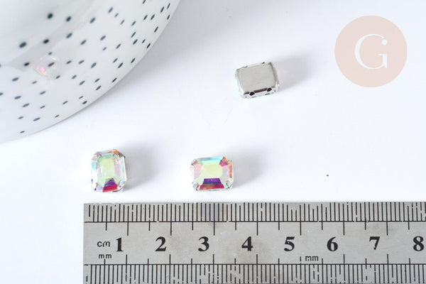 Cabochon rectangle cristal transparent irisé avec serti en laiton argenté 8x10mm, x5 (G8111)