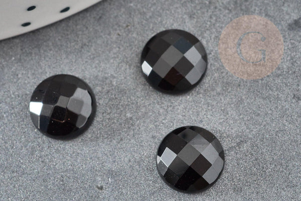 Cabochon rond agate naturelle noire facetté 10mm, x1 (G6692)