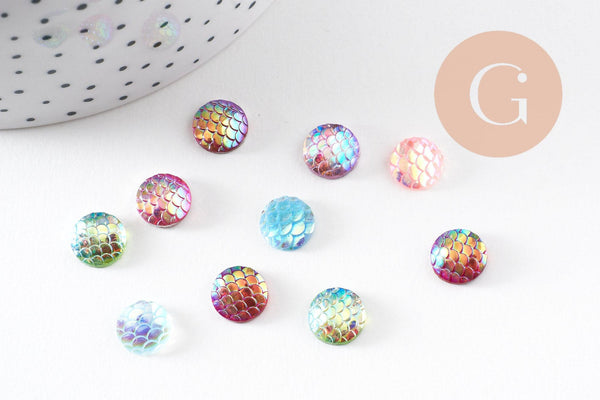 Cabochon rond écailles résine irisée multicolore 10mm, x5 (G7101)