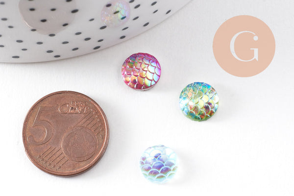 Cabochon rond écailles résine irisée multicolore 10mm, x5 (G7101)