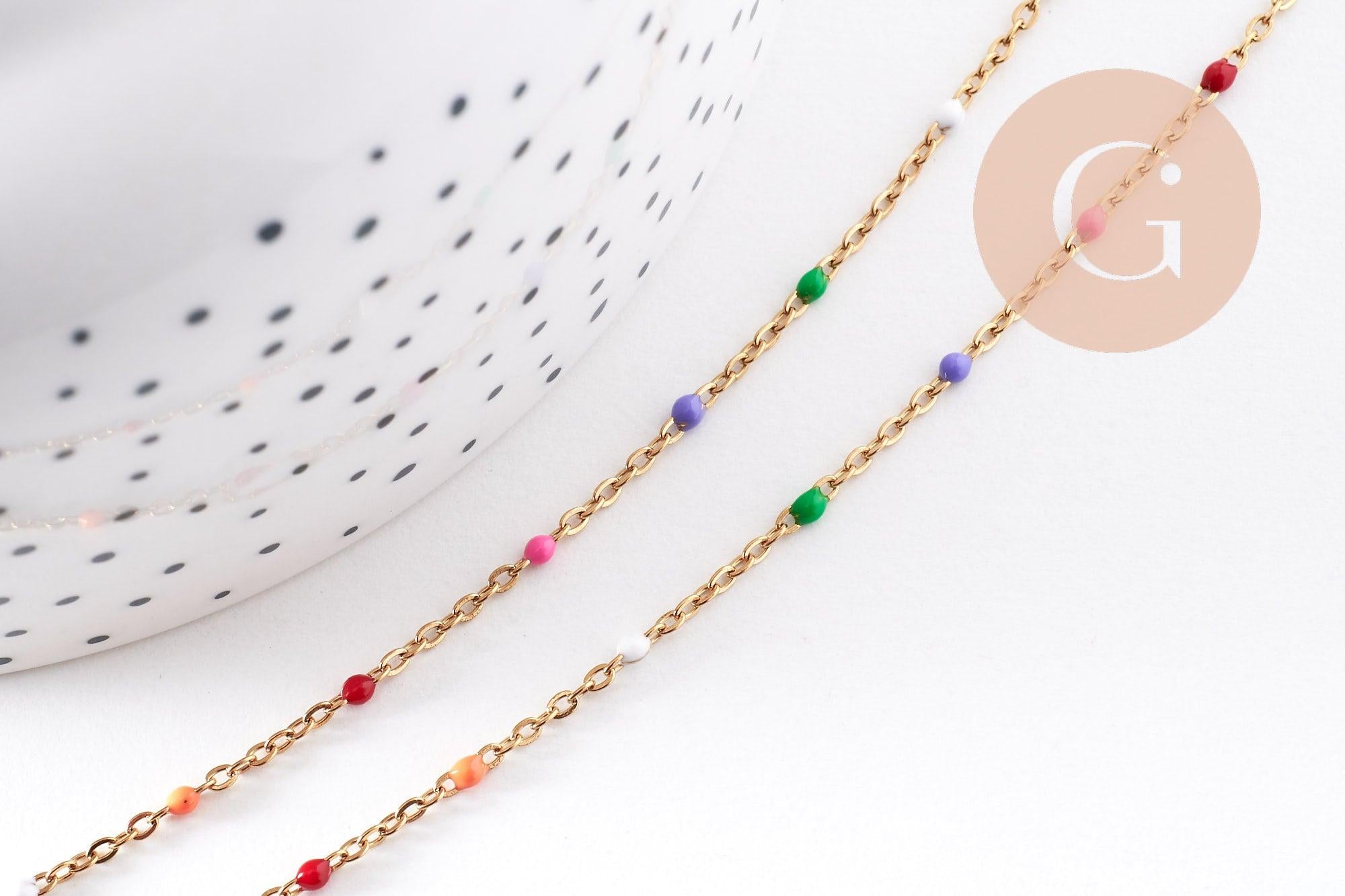 Collier Chaine acier 304 inoxydable doré 14k résine multicolore 2mm-41cm, x1 (G10240)