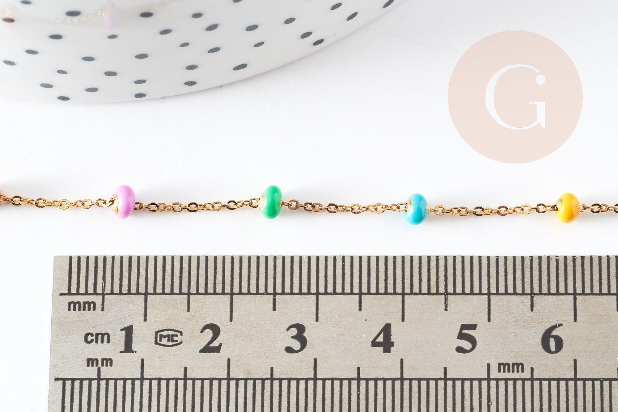 Chaine acier 304 inoxydable dorée 14k fantaisie résine multicolore pastel 0.5-1.mm, x1 mètre (G3037)