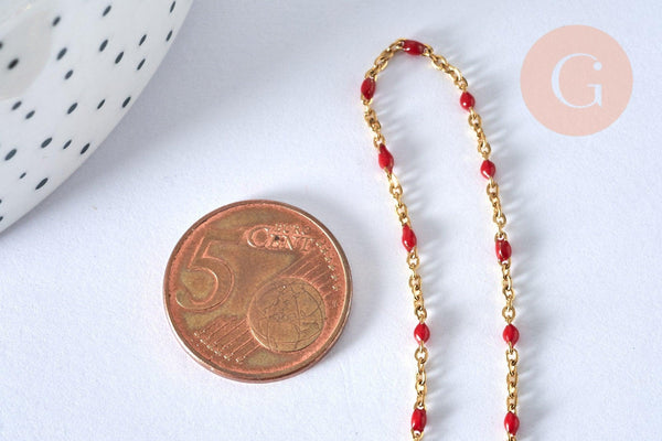 Chaine acier dorée 14k fantaisie résine rouge, chaine fantaisie acier dore,chaine complète,2mm,45cm, x1 (G1361)