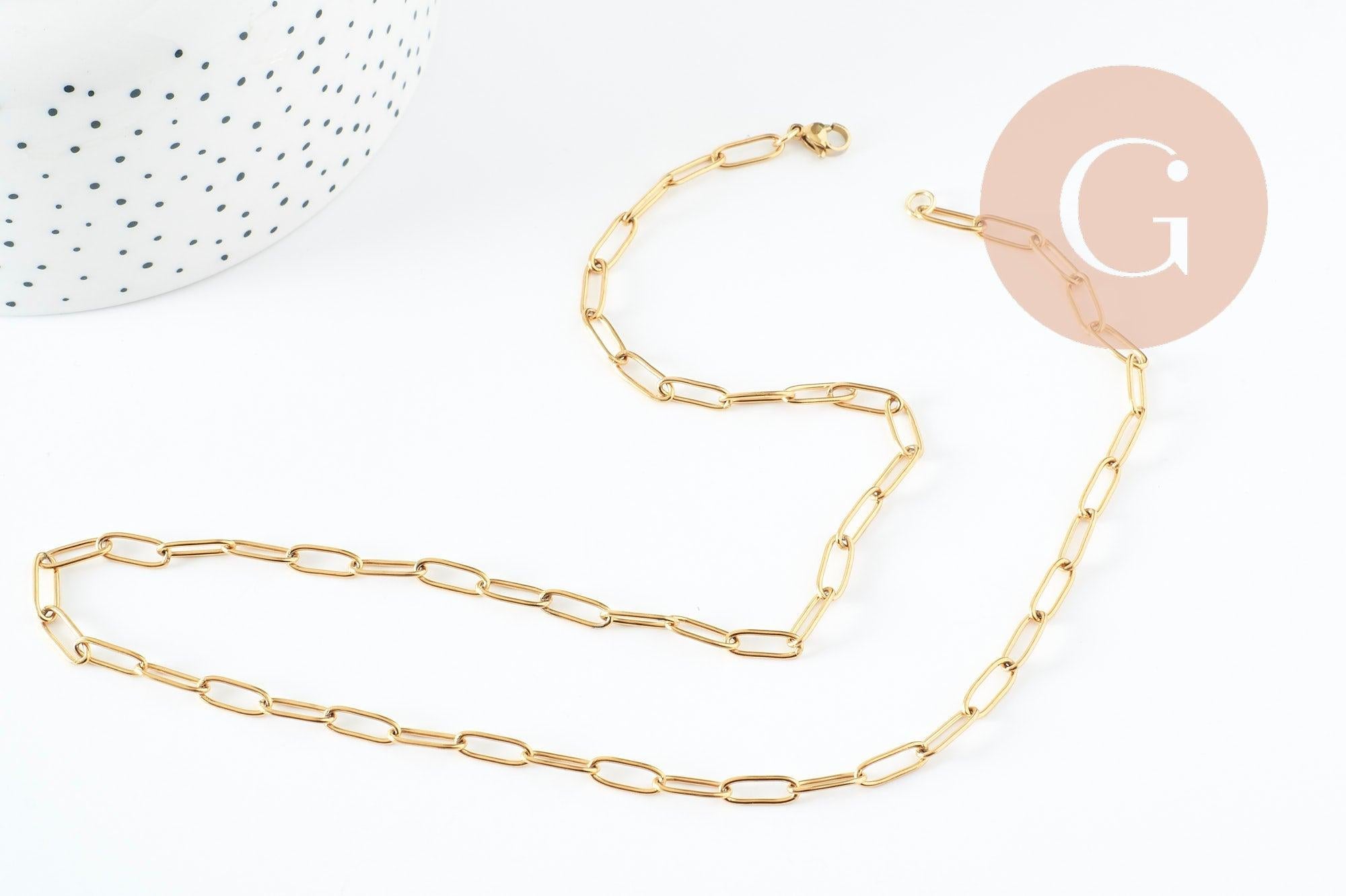 Collier Chaine avec fermoir acier 304 inoxydable doré maille rectangle 55cm,chaine collier inoxydable, chaine large,chaine complète, x1 G9407